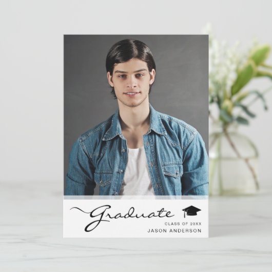 Modern Afstuderen elegant script | Foto Trendy 1 Aankondiging (Staand voorkant)