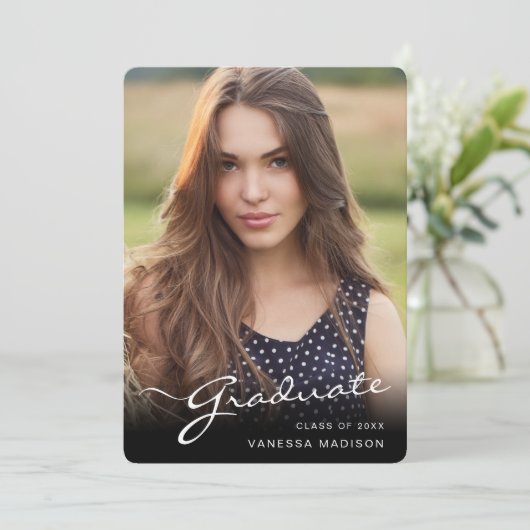 Modern Afstuderen elegant script | Foto van Trendy Aankondiging (Staand voorkant)