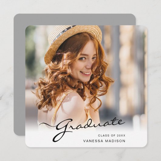 Modern Afstuderen | Foto van Elegant Script Trendy Aankondiging (Voorkant / Achterkant)