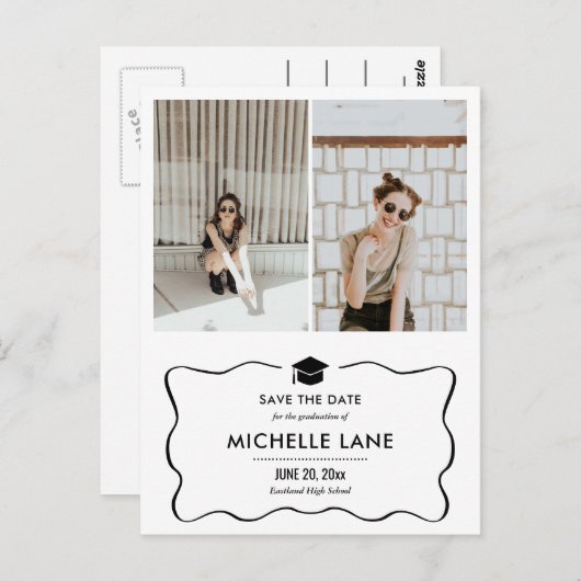Modern Afstuderen Pet Bewaar de datum twee foto's Briefkaart (Voorkant / Achterkant)