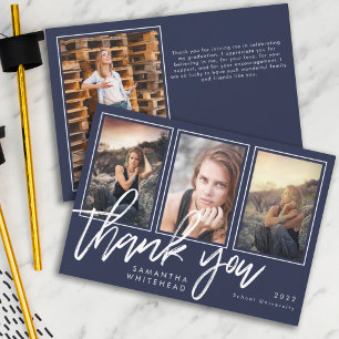 Modern Afstuderen Photo Collage Navy Blue Bedankkaart