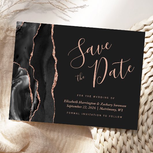Modern Agate Black Roos Gold Save the Date Dark Aankondigingskaart