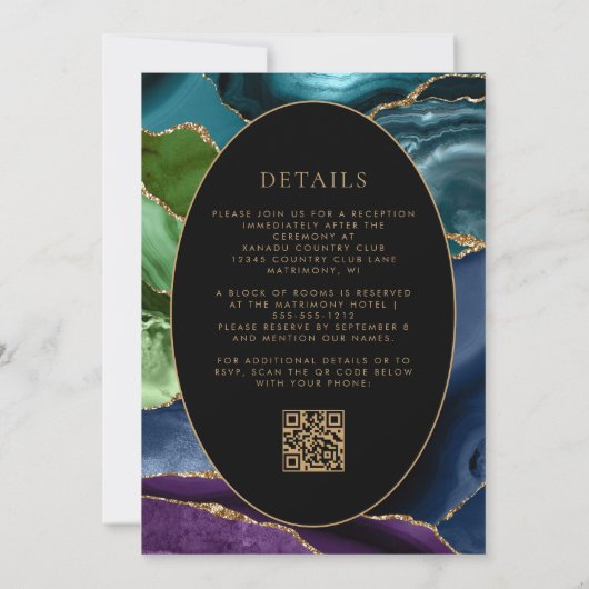 Modern Agate Gold Ovaal Lijst QR Code Huwelijk Kaart (Achterkant)
