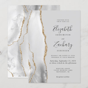 Modern Agate Light Grey Gold Wedding Kaart