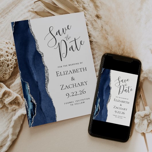 Modern Agate Navy Blue Silver Save the Date Kaart