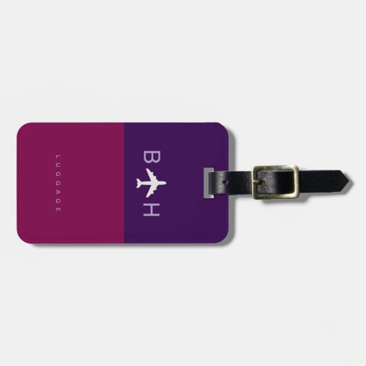 Modern Airplane Monogram donker-paarse en wijn Bagagelabel (Voorkant horizontaal)