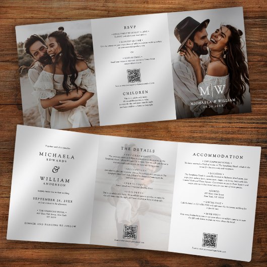 Modern alles-in-één details RSVP QR-code bruiloft Drieluik Uitnodiging