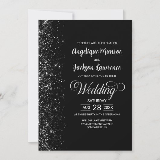 Modern alles in één zwart glitter bruiloft kaart (Voorkant)