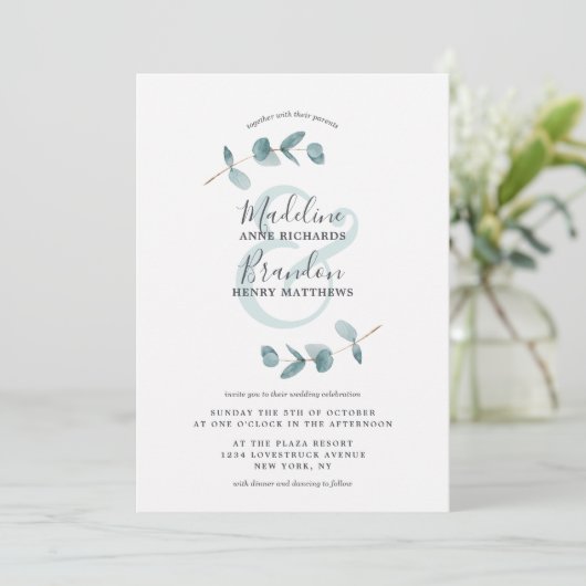 Modern Ampersand Eucalyptus Krans Script Bruiloft Kaart (Staand voorkant)