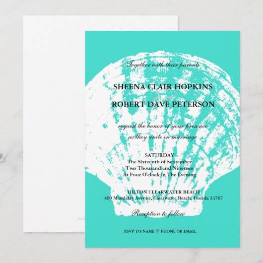 Modern Aqua Blue Seashell Wedding Invitations Kaart (Voorkant / Achterkant)