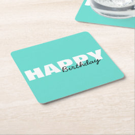 Modern Aqua Blue Typografie Happy Birthday Party Vierkante Kartonnen Onderzetter