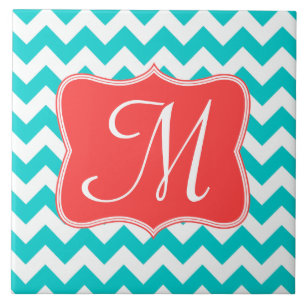 Modern Aqua Coral Chevron Monogram - Tile Tegeltje