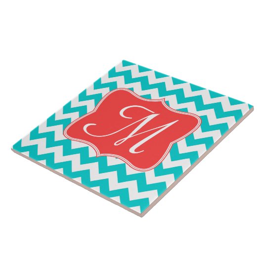 Modern Aqua Coral Chevron Monogram - Tile Tegeltje (Zijkant)