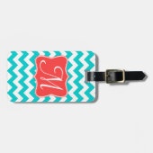 Modern Aqua Coral Chevron Zig Monogram Bagagelabel (Voorkant horizontaal)