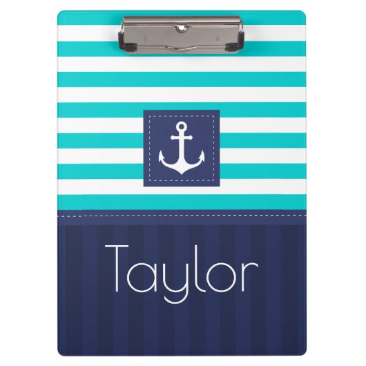 Modern Aqua Navy Stripes Anchor Personalized Klembord (Voorkant)