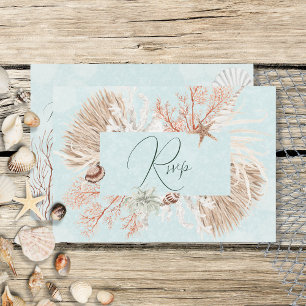 Modern Aqua Ocean & Shells Wedding RSVP Kaartje
