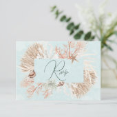 Modern Aqua Ocean & Shells Wedding RSVP Kaartje (Staand voorkant)