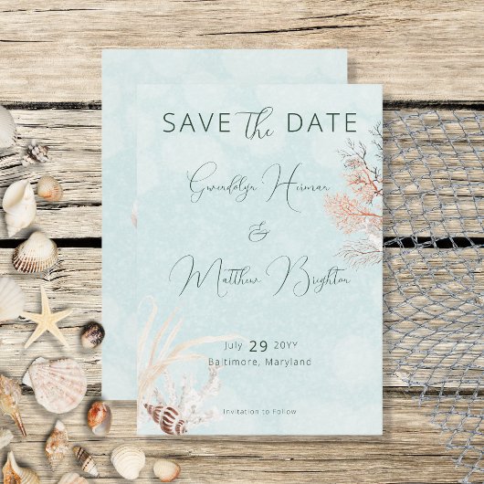 Modern Aqua Ocean & Shells Wedding Save The Date