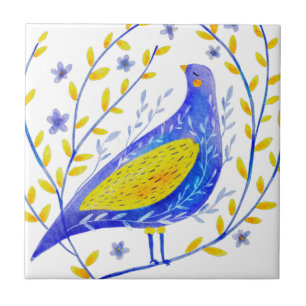 Modern aquarel blauw en geel vogelkunst tegeltje