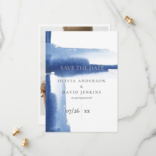 Modern Aquarel Blauwe Oceaan Bewaar de Datum Save The Date (Voorkant / Achterkant in situ)