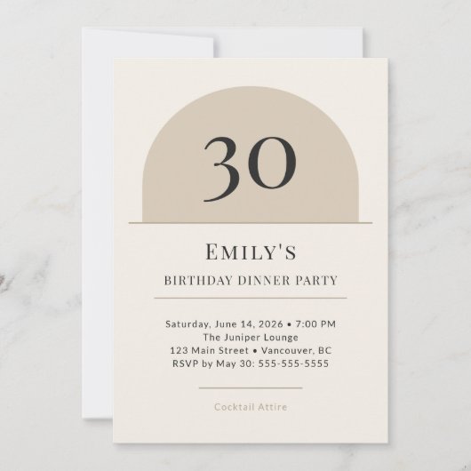 Modern Arch 30th Birthday Dinner Party Invitation Kaart (Voorkant)