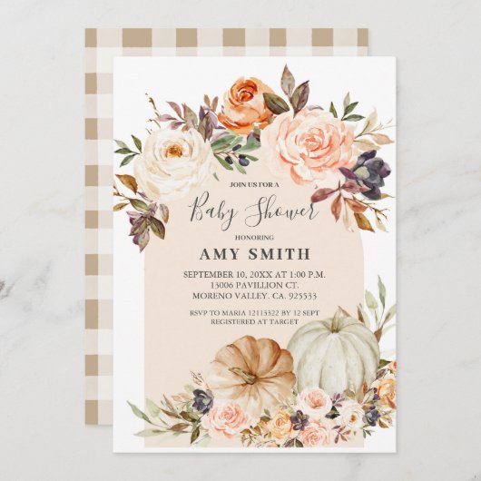 Modern Arch Boho Floral Pumpkin Baby shower  Kaart (Voorkant / Achterkant)