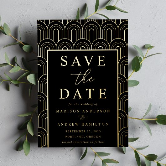 Modern Arch Deco Wedding Save the Date Folie Uitnodiging
