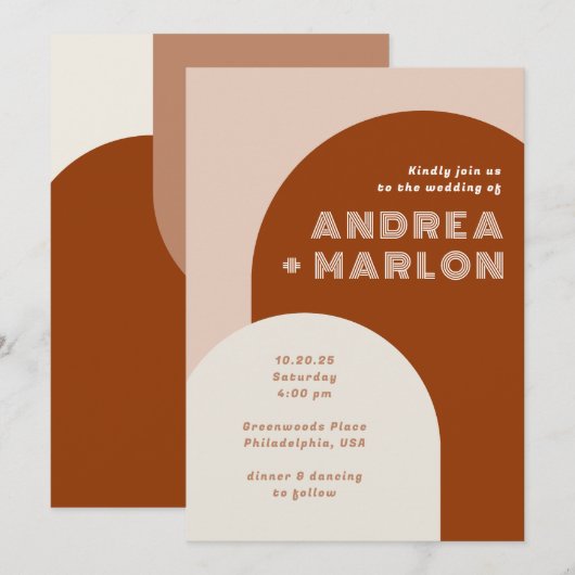 Modern Arch Groovy Retro Terracotta Wedding Kaart (Voorkant / Achterkant)