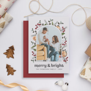 Modern Arch Lijst Familiefoto Kerst Botanisch Feestdagenkaart