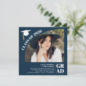 Modern arch navy blue 5 photos graduation kaart (Staand voorkant)