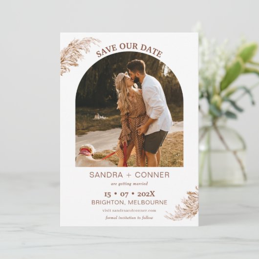 Modern Arch Photo Pampas Grass Save Our Date Kaart (Staand voorkant)