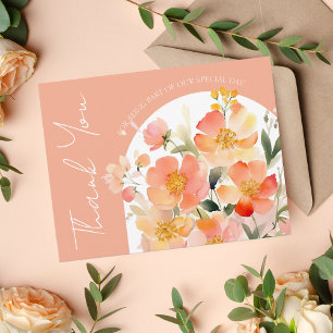 Modern Arch Sinaasappel Perzik Bloemen Bruiloft Bedankkaart