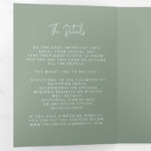 Modern Arch Tying Knot Wedding Sage Green Script Drieluik Uitnodiging (Binnenzijde eerst)