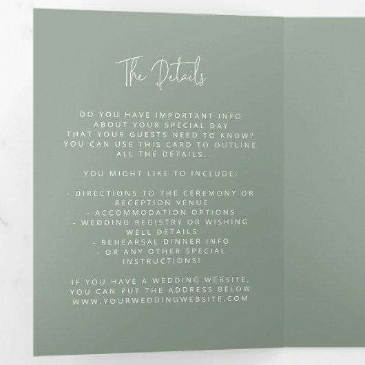Modern Arch Tying Knot Wedding Sage Green Script Drieluik Uitnodiging (Binnenzijde eerst)