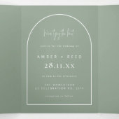 Modern Arch Tying Knot Wedding Sage Green Script Drieluik Uitnodiging (Binnenkant midden)