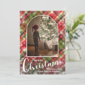 Modern Arched Photo on Plaid Feestdagenkaart (Staand voorkant)