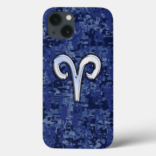 Modern Aries Zodiac Symbol Navy Blue Digital Camo iPhone 13 Hoesje