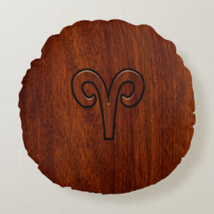 Modern Aries Zodiac Symbool op Mahogany als gedruk Rond Kussen