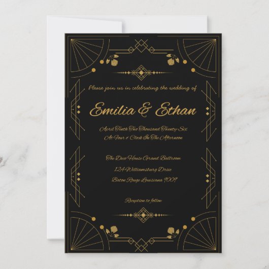 Modern Art Deco Black and Gold Wedding Invitation (Devant)