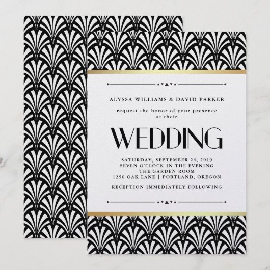 Modern Art Deco Black and White Wedding Kaart (Voorkant / Achterkant)