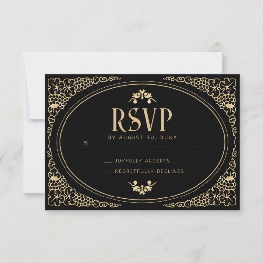 Modern Art Deco Black en Faux Gold RSVP Kaartje (Voorkant)