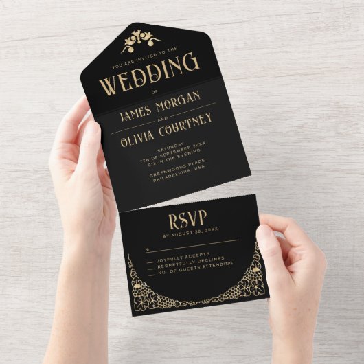 Modern Art Deco Black en Gold Faux Wedding All In One Uitnodiging (Afscheurbaar)