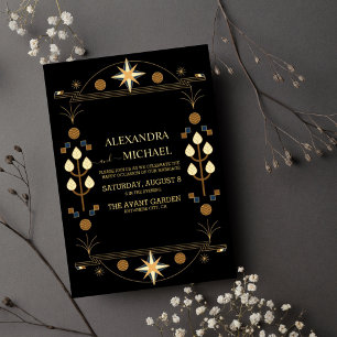 Modern Art Deco Black en Gold Wedding Folie Uitnodiging