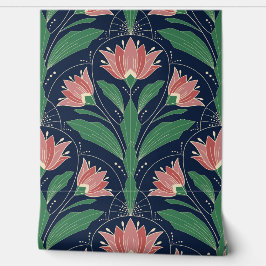 Modern Art Deco Boho Red Floral on Navy Blue Behang