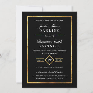 Modern Art Deco Gold & Black Wedding Invitation Kaart