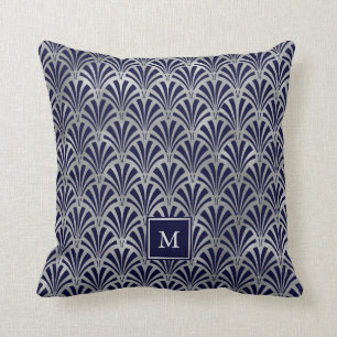 Modern Art Deco   Monogram Navy en Faux Silver Kussen