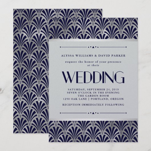 Modern Art Deco | Navy en Faux Silver Wedding Kaart (Voorkant / Achterkant)