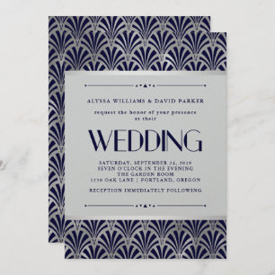 Modern Art Deco   Navy en Faux Silver Wedding Kaart
