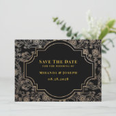 Modern Art Deco Zwart Goud Roos Save The Date Kaar Kaart (Staand voorkant)