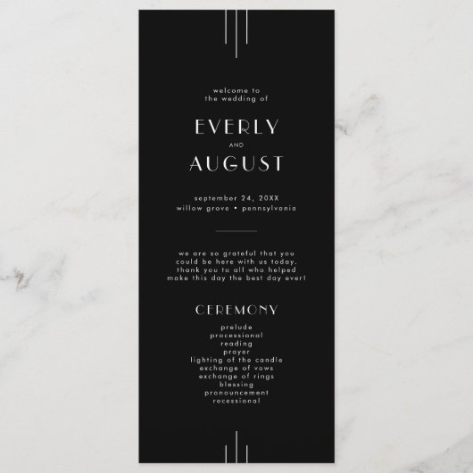 Modern Art Deco Zwart Trouwprogramma / EVERLY Programma (Voorkant)